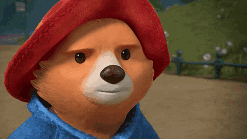 a stuffed animal bear wearing a red hat and a blue coat