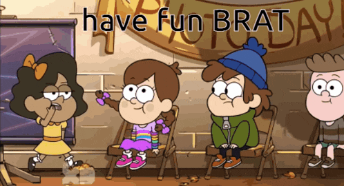 a group of kids are sitting in front of a sign that says " have fun brat day "