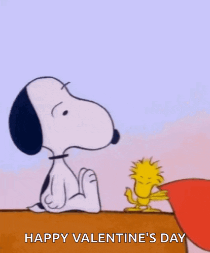 a cartoon of snoopy and woodstock holding a heart with the words happy valentine 's day at the bottom