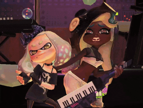 two cartoon characters standing next to each other one holding a keyboard