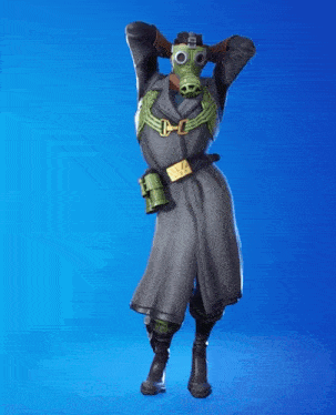 a cartoon character wearing a gas mask with the letter c on the belt