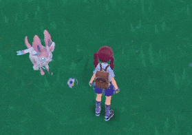 a girl with a backpack is standing in the grass next to a pink and white cat
