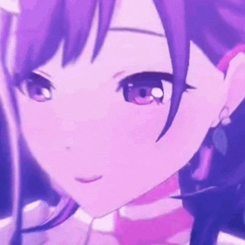 a close up of a purple anime girl 's face with a pink choker .