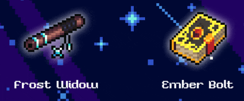 a pixel art of frost widow and ember bolt on a purple background