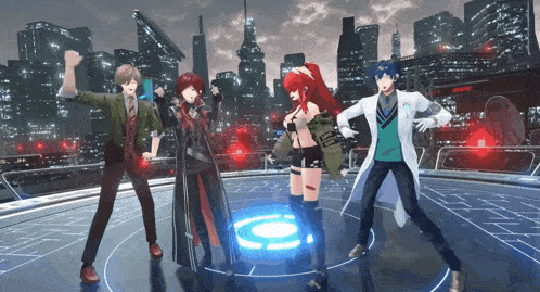 a group of anime characters are dancing on a stage with a city in the background