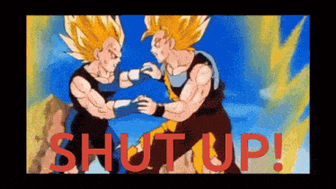 a picture of two fighters with the words shut up in red letters