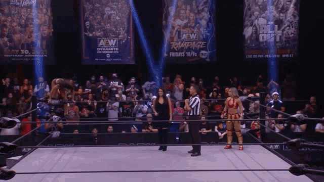 two women in a wrestling ring with a banner that says aew rampage