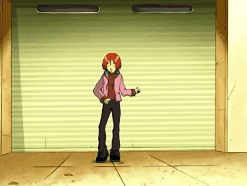 a cartoon character with red hair is dancing in front of a garage door