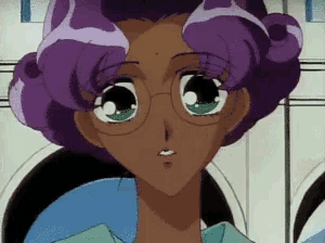 a cartoon character with purple hair and glasses looks at the camera