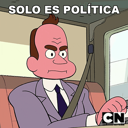 a man in a suit and tie is sitting in a car with the words solo es politica below him