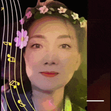 a woman with a flower crown on her head is surrounded by musical notes