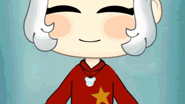 a cartoon character with white hair and a red hoodie with a yellow star on it