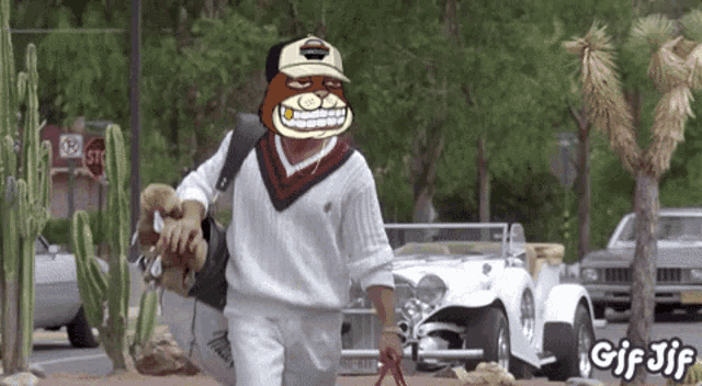 a gif of a man carrying a dog and a stop sign