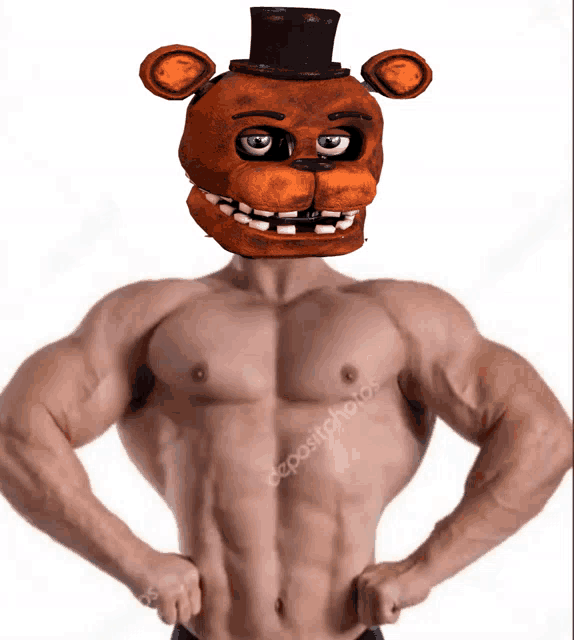 a very muscular man with a freddy mask on his head