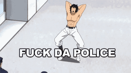 a man without a shirt is dancing in front of two police officers with the words fuck da police above him