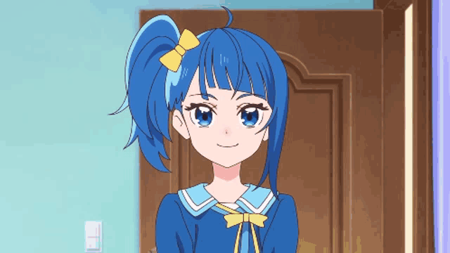 a girl with blue hair and a yellow bow on her hair