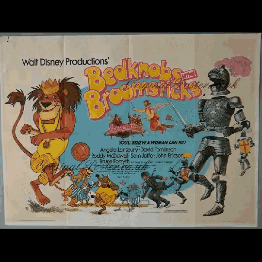 a movie poster for bedknobs and broomsticks shows a lion and a knight
