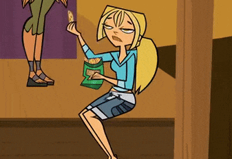a cartoon girl is sitting on a wooden ledge eating chips .