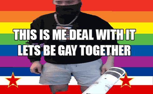 a man holding a microphone in front of a rainbow flag with the words this is me deal with it let 's be gay together
