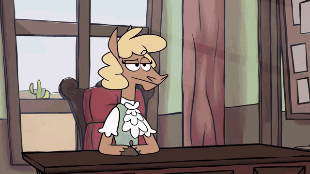 a cartoon drawing of a horse sitting at a table