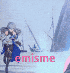 a girl in a video game is holding a sword and the word emisme is on the bottom