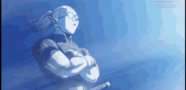 a man with glasses and a ponytail is standing with his arms crossed in front of a blue background .