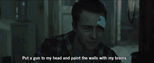 a man with a bandage on his forehead is talking about putting a gun to his head and paint the walls with his brains