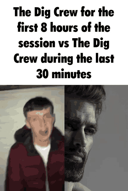 the dig crew for the first 8 hours of the session vs the dig crew during the last 30 minutes is shown