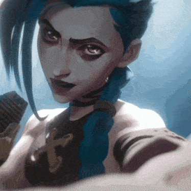a girl with blue hair and a cross on her chest