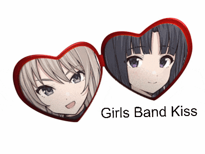 two anime girls in heart shaped frames with the words girls band kiss