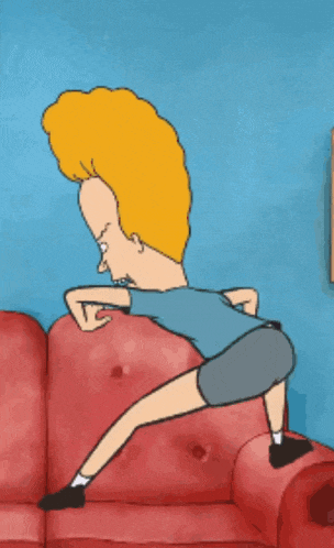 a cartoon character is squatting on a couch