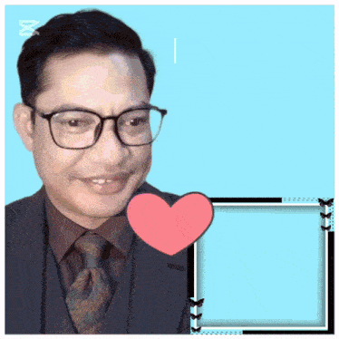 a man wearing glasses and a tie is smiling with a pink heart in front of him
