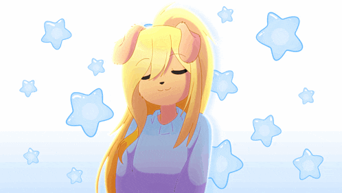 a cartoon drawing of a girl with long blonde hair and blue stars