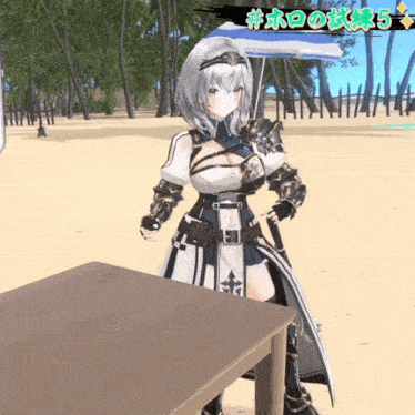 a female anime character standing next to a wooden table with the number 5 on the bottom