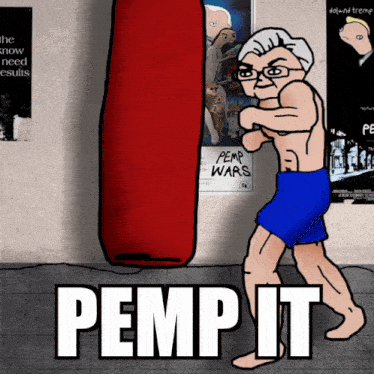 a cartoon of a man punching a punching bag with the words pemp it below him