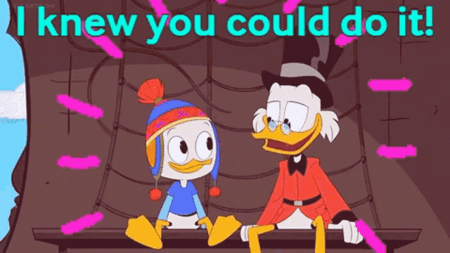 a cartoon of a man and a duck sitting on a bench with the words i knew you could do it .
