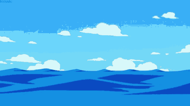 a cartoon drawing of a blue ocean with clouds in the sky