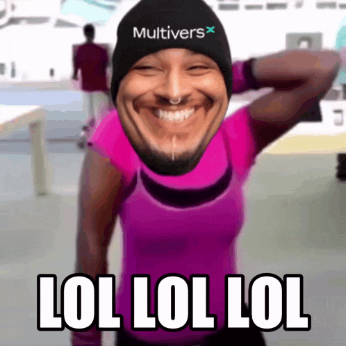 a man wearing a multivers hat and a pink shirt