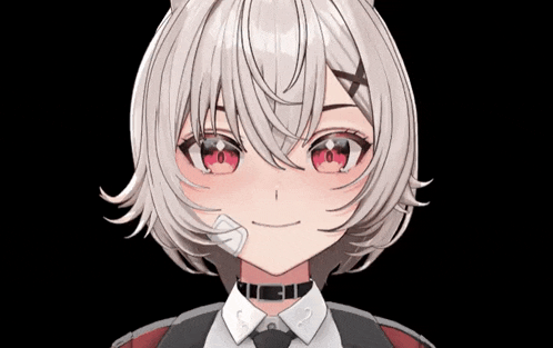 a girl with white hair and red eyes is wearing a headset and a choker .