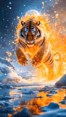 a tiger is jumping over a body of water with fire coming out of its paws .