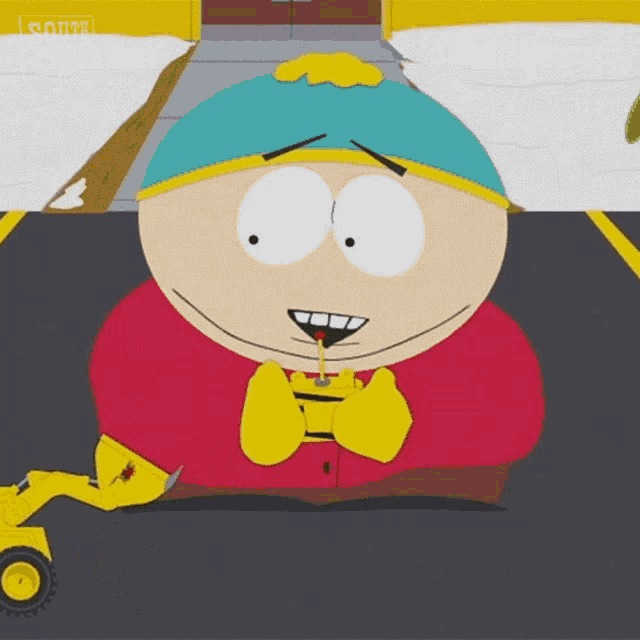 a south park character smoking a cigarette next to a tonka truck