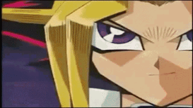 a close up of a cartoon character 's face with purple eyes and yellow hair .