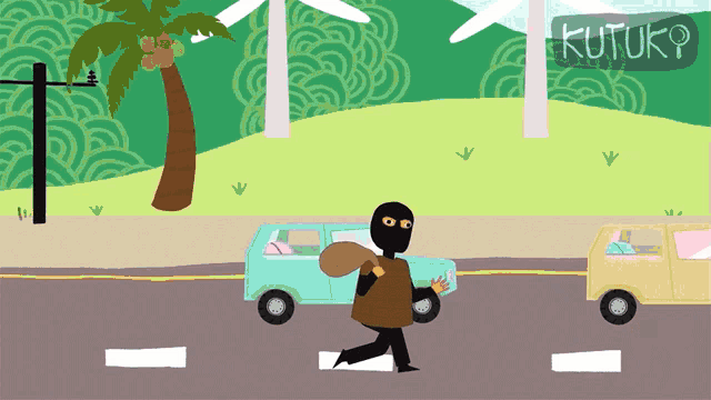 a cartoon of a man walking down a street with a bag on his back and a sign that says kutuko