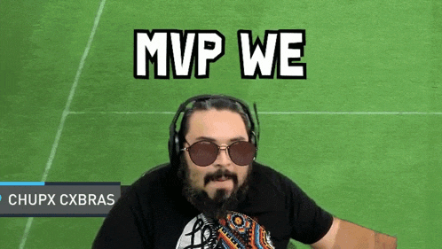 a man wearing headphones and sunglasses says mvp we in front of a soccer field