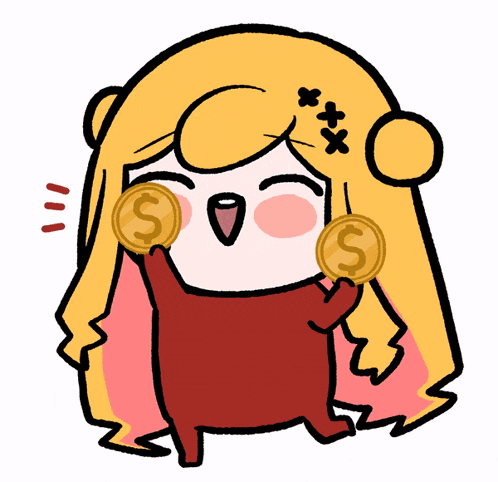a cartoon drawing of a girl holding two gold coins with a dollar sign on them