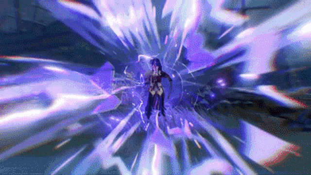 a person in a video game is surrounded by purple and blue lightning .