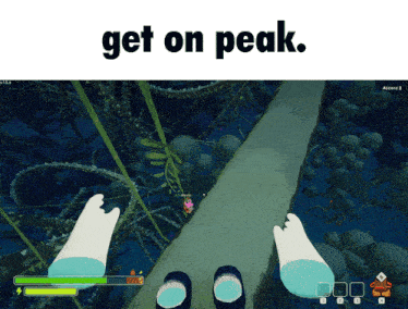a screenshot of a video game with the words get on peak above it