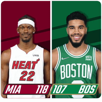 two basketball players from the heat and boston are standing next to each other