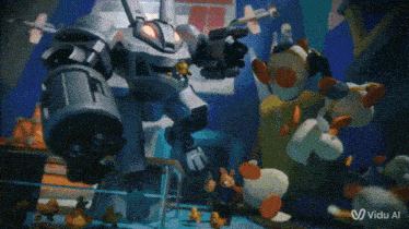 a video of a robot surrounded by stuffed animals with the words " vido al " on the bottom