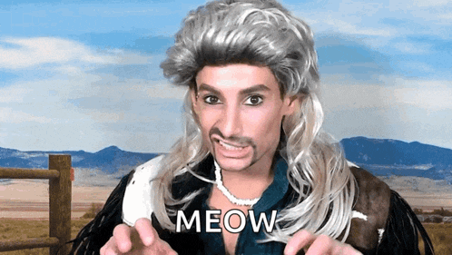 a man in a wig says meow in front of a fence
